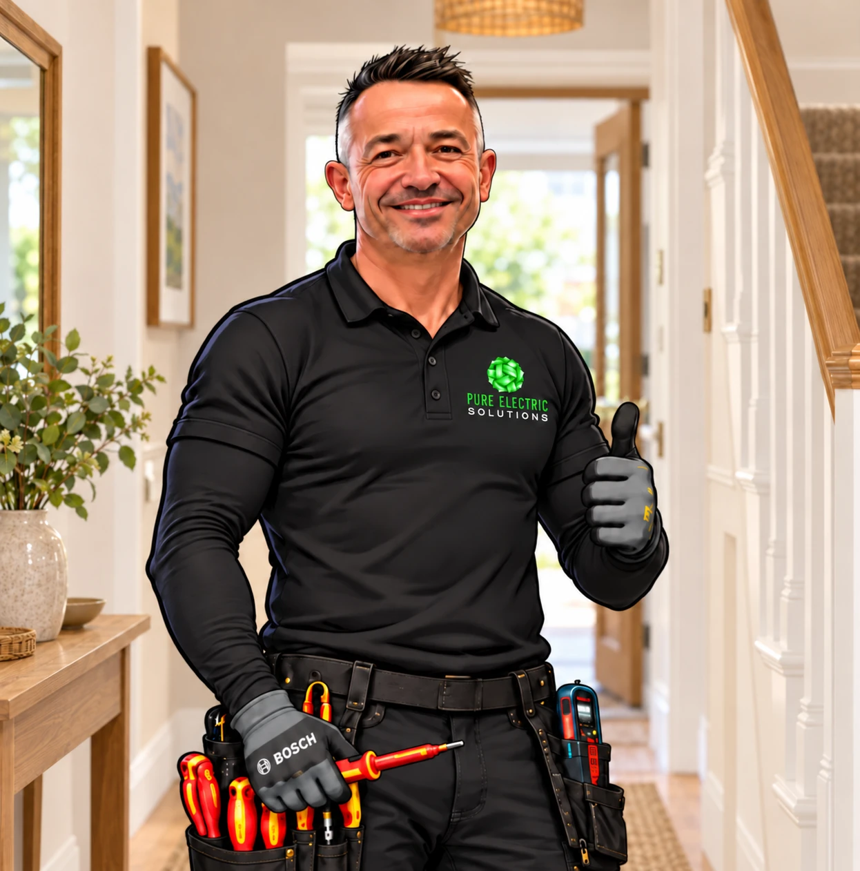 Illustration of Lee Ward in Pure Electric workwear inside a home