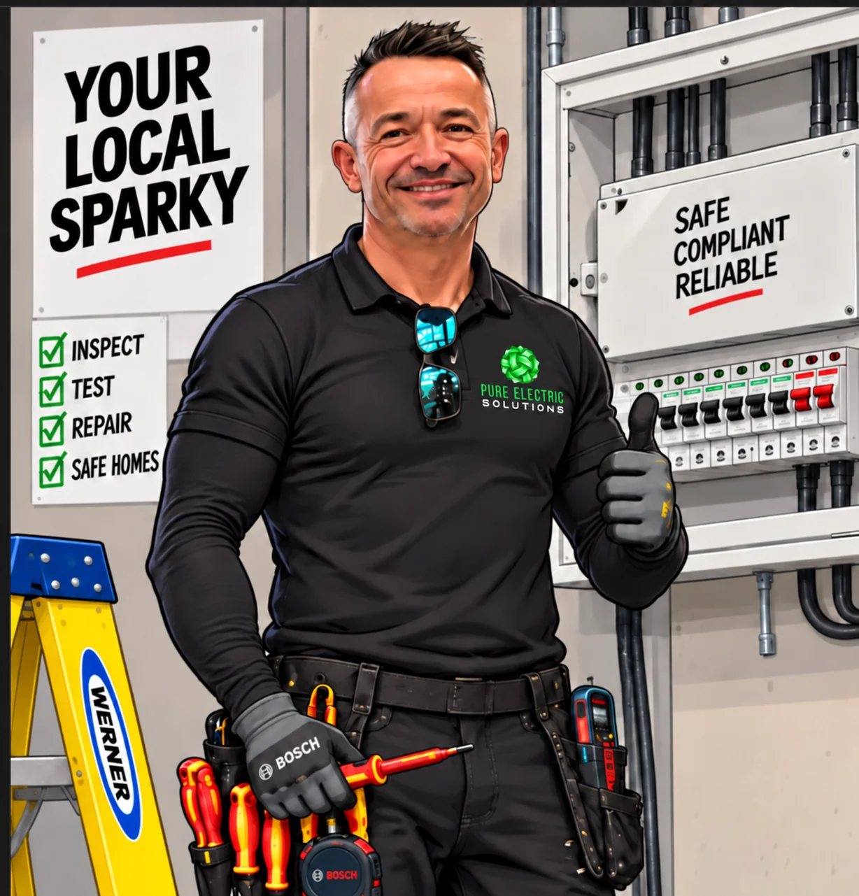 Illustration of Lee Ward in Pure Electric workwear with Your Local Sparky signage